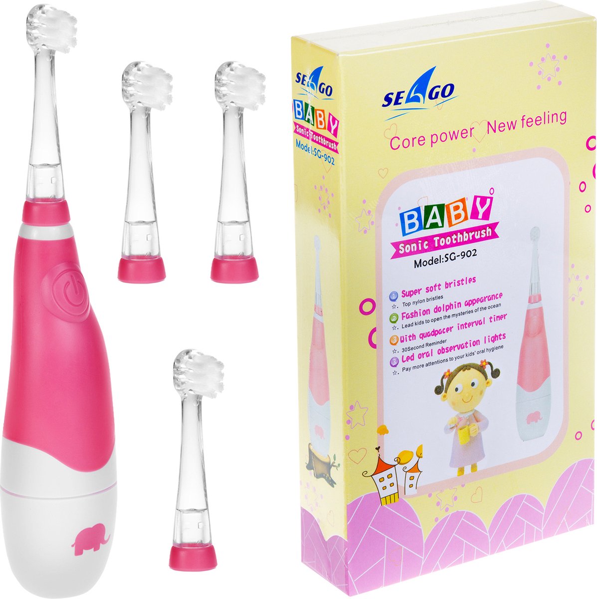 Goedkoopste SEAGO - Sonische Tandenborstel voor kinderen - 1xAA 1,5V (niet meegeleverd), 4 borstels - SG-902 - Roze