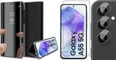 Hoesje geschikt voor Samsung Galaxy A55 - Screenprotector Glas & Camera - Spiegel Book Case Zwart