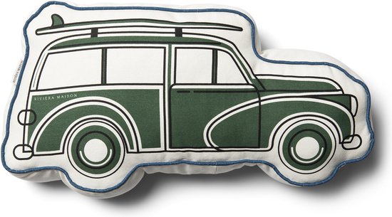 Riviera Maison Sierkussen Groen gewatteerd kussen 60x30 met afbeelding auto - Roadtrip Box kinderkamer