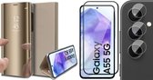 Hoesje geschikt voor Samsung Galaxy A55 - Screenprotector Volledig Dekkend Glas & Camera - Spiegel Book Case Goud