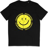 Grappig Dames en Heren T Shirt - Happiness Gelukkig - Gele Smiley -Zwart - M