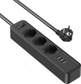 Stekkerdoos met usb - 3 stopcontacten 3 USB-oplaadpoorten - 25 x 5,5 x 0,1 cm - Zwart