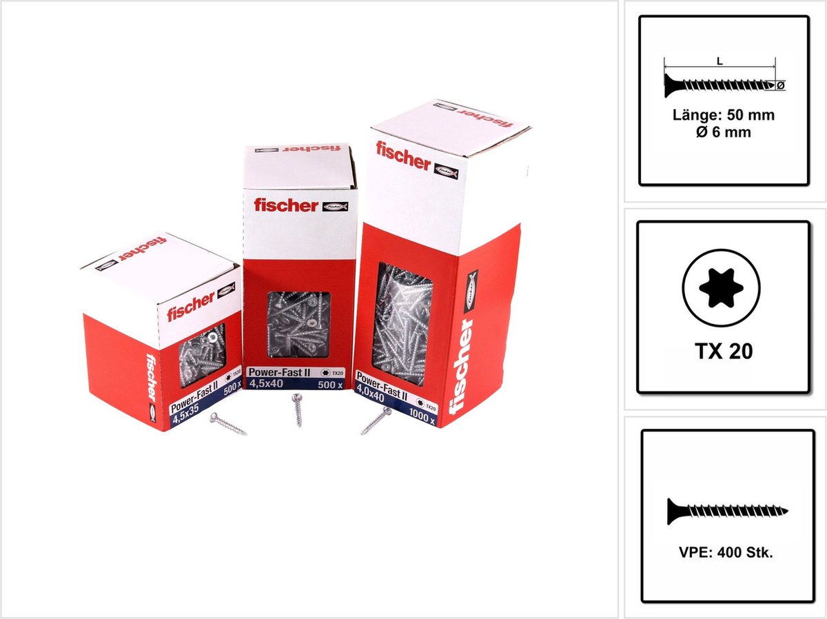 Fischer 400x Power-Fast II FPF II CTF 6 x 50 mm BC verzonken kop met binnenster TX30 volle schroefdraad gegalvaniseerd blauw gepassiveerd - 670454