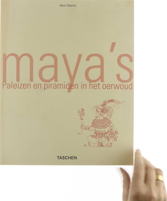 Boekcover met de tekst 'maya's Paleizen en piramiden in het oerwoud' en een tekening van een Maya-figuur.