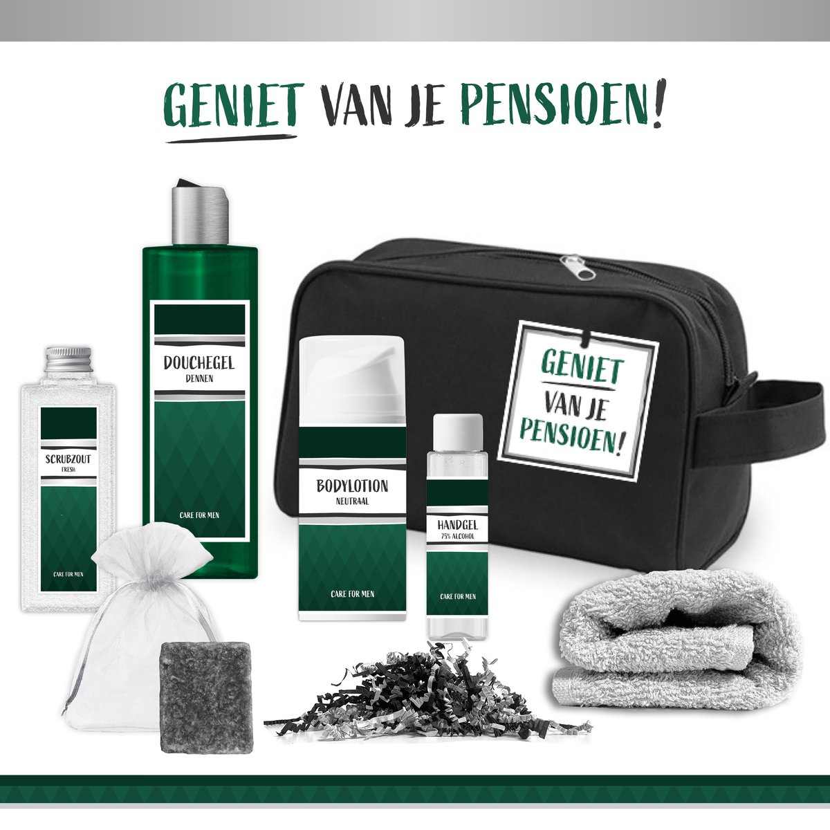 Goedkoopste Geschenkset Geniet van je pensioen! - 7 Producten - 630 Gram | Giftset Toilettas voor hem - Douchegel - Bodylotion - Scrubzout - Handgel - Geurblokje - Wellness Pakket - Gestopt met werken - Cadeau set - Vader - Broer - Vriend - Collega - Groen
