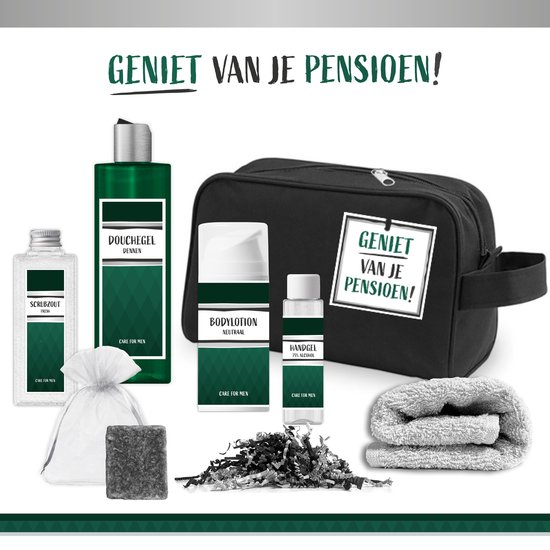 Geschenkset "Geniet van je pensioen!" - 7 Producten - 630 Gram | Giftset Toilettas voor hem - Douchegel - Bodylotion - Scrubzout - Geurblokje - Wellness Pakket - Gestopt met werken - Cadeau set - Vader - Broer - Vriend - Collega - Groen