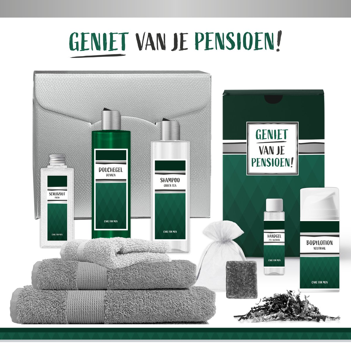 Goedkoopste Geschenkset Geniet van je pensioen! - 9 Producten - 1275 Gram | Giftset voor hem - Luxe cadeaubox man - Zilver Wellness Pakket deluxe - Badhanddoek - Badlaken - Gastendoek - Gestopt met werken - Groen Cadeau set - Vader - Broer - Vriend - Collega