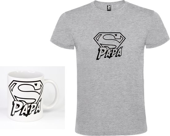 Grijs T-Shirt met Bijpassende Koffiemok “Super Papa “ Afbeelding Zwart Size M