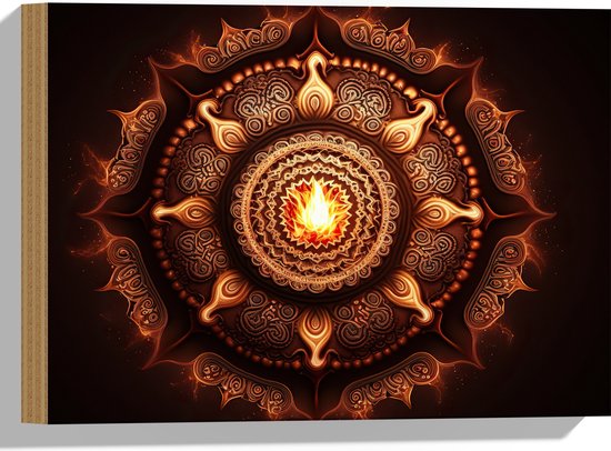Hout - Mandala - Vuur - Oranje - Rond - 40x30 cm - 9 mm dik - Foto op Hout (Met Ophangsysteem)