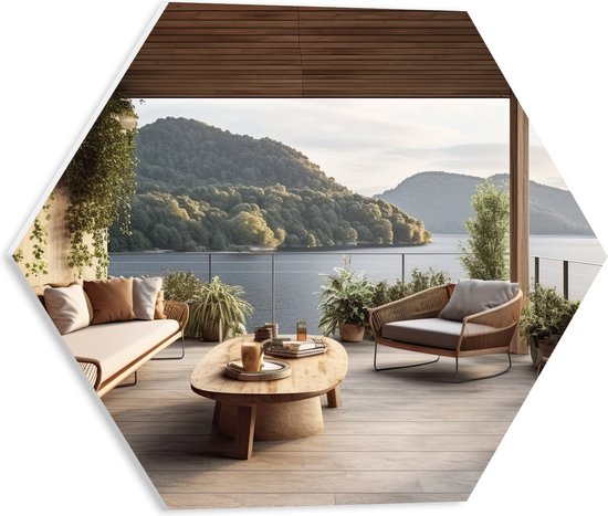 PVC Schuimplaat Hexagon - Huis - Tuin - Terras - Lounge - Planten - Hout - 40x34.8 cm Foto op Hexagon (Met Ophangsysteem)