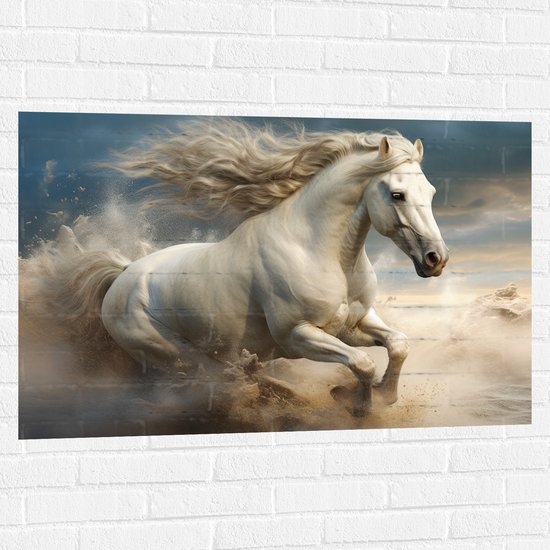 Muursticker - Paard - Dier - Wit - Rennen - 105x70 cm Foto op Muursticker