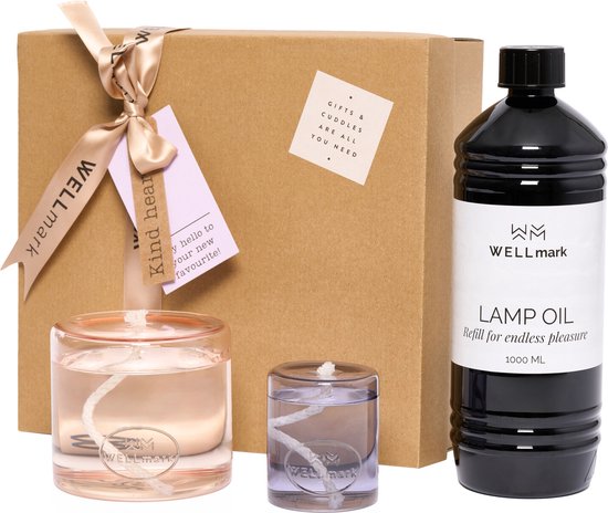 Coffret cadeau Wellmark Cozy Home: lampe à huile H7cm D7cm violet + lampe à huile H9cm D10cm rose + lampe à huile 1L