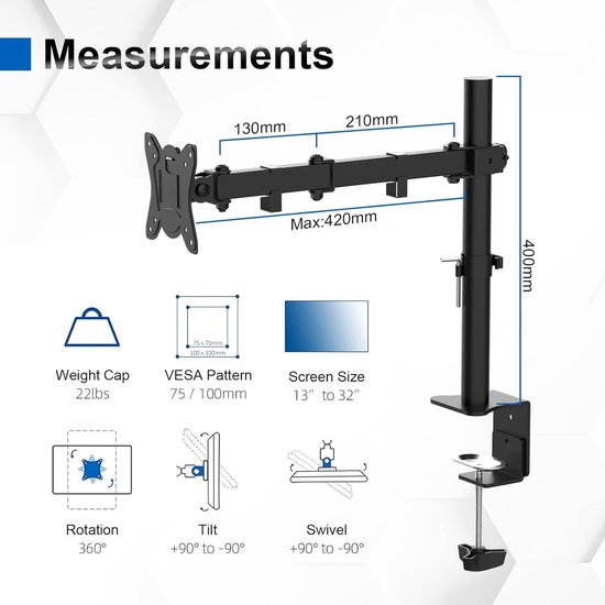 Wearson Verstelbare LCD Monitor Stand Mount Opvouwbare VESA Monitor Bureaustandaard met VESA-gat 75x75mm 100x100mm (wit