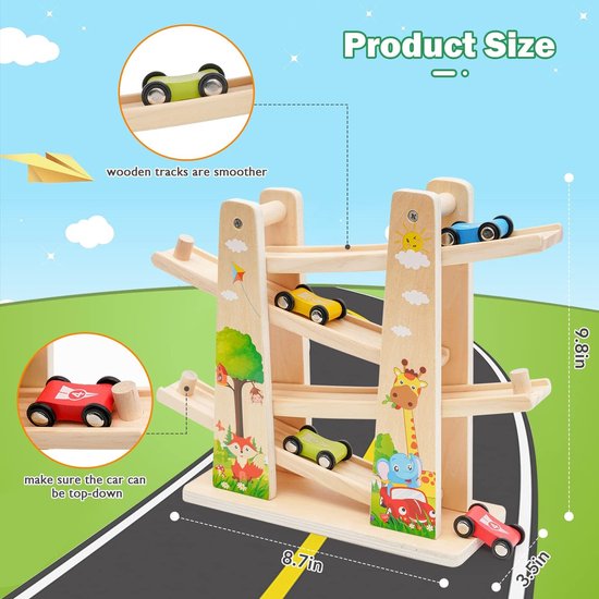 Houten speelgoed - Houten racebaan - Zwaartekrachtbaan Racen - 4 mini auto's - Montessori Speelgoed - Speelgoed voor kinderen vanaf 2 jaar - Feestdagen cadeau - Verjaardagscadeaus - Merkloos
