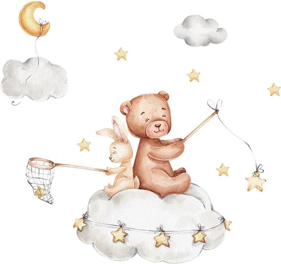 Muursticker Lapin et Ours sur Nuage - PVC autocollant - 45x65cm - Décoration pour chambre d'enfant - Aquarelle - Garçon - Fille