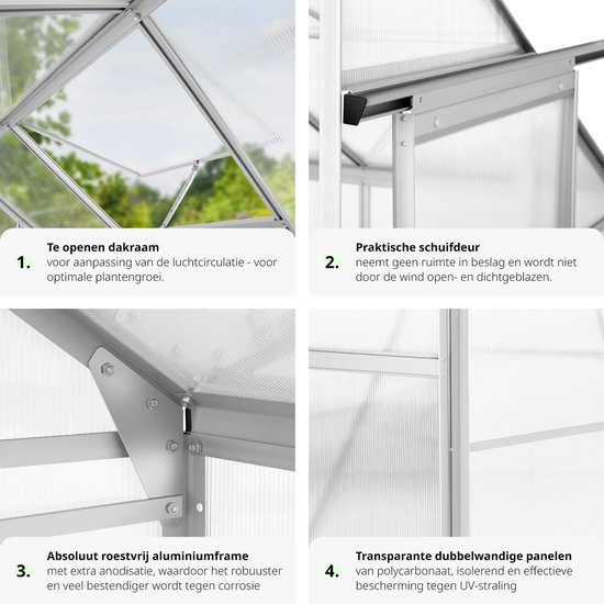 tectake® Tuinkas - Tomatenhuis, broeikas, plantenkas - UV-Bestendig, bescherming tegen kou, regen en vorst - Div. afmetingen en uitvoeringen - Met planken, 186x120x190cm
