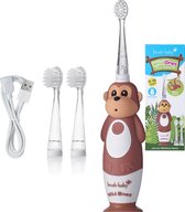 Brosse - Bébé | Brosse à dents électrique rechargeable pour enfants | Les sauvages | Mya le singe | 0 - 10 ans | 3 têtes de brosse | 2 modes de brossage | Minuterie et Pulse | Lumière disco | Base à ventouse |