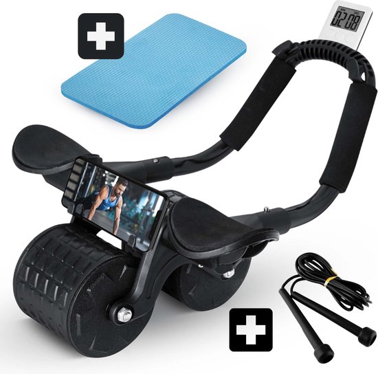 Foto: Ultrafit ab roller ab wheel buikspiertrainer automatisch terugrolsysteem inclusief kniepad timer gratis springtouw stil ergonomisch voor sixpack core thuis workout voor 15 00 besteld morgen in huis zwart
