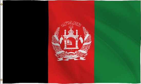 Grote Afghaanse vlag met verticale banen zwart, rood en groen. Rood met wapenschild in wit.