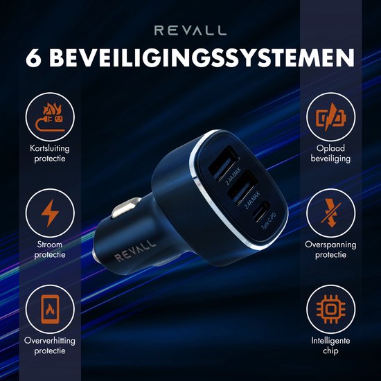 Zwarte REvall autolader met 3 USB-poorten, aangegeven met "Kortsluiting protectie", "Stroom protectie", "Oververhitting protectie", "Oplaad beveiliging", "Overspanning protectie", "Intelligente chip".