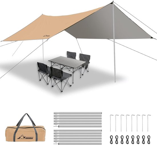 Camping tentzeil waterdicht anti-uv, 3 x 4 m camping tent zeil regenvlieg met stangen + ogen + scheerlijnen, camping tent tarp ultralicht, ideaal voor kamperen, wandelen, picknick in de ope