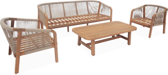 sweeek - Mobilier de jardin en bois et corde, acacia, coussins beiges