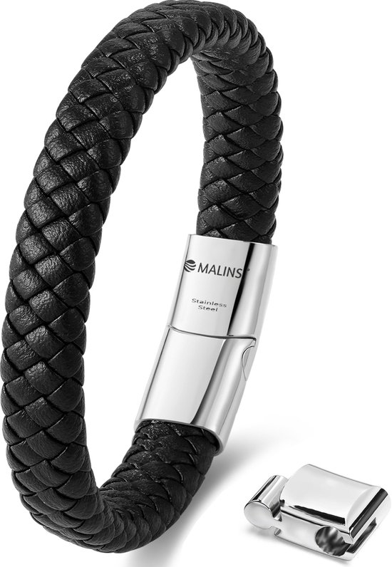 Bracelet Homme Malinsi - Effet Zwart - Fermoir Acier Inoxydable et Cuir Tressé - Bracelet Homme 20 + 2cm Extension