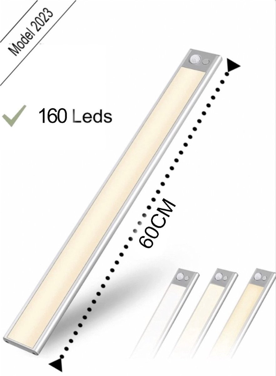 Led lamp - Led - 60 cm-160 Leds -accu-bewegingsensor-3 standen -warm licht, koud licht, fel licht - Opladen USB C