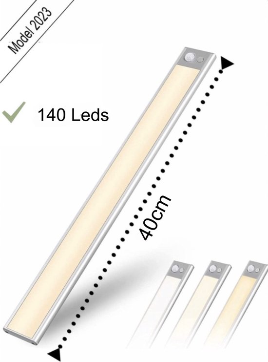 Lampe Led - Bande Led - 40 cm - 140 Leds - Batterie - 3 réglages - lumière chaude, lumière froide, lumière vive - r - Chargement USB C éclairage escalier cuisine