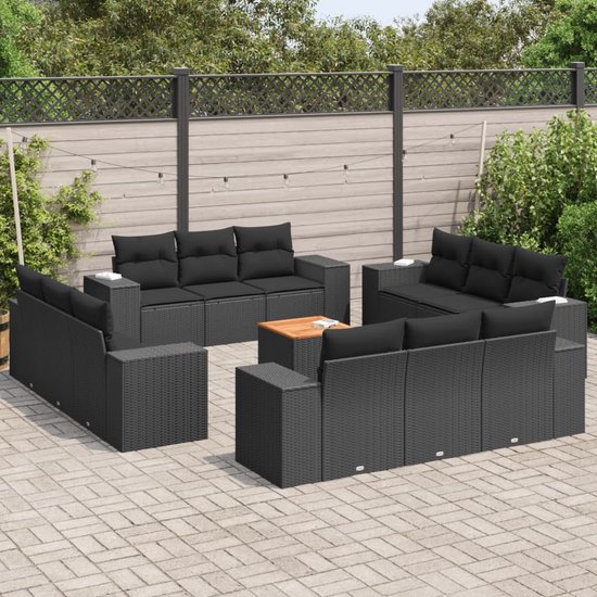 vidaXL - 13-delige - Loungeset - met - kussens - poly - rattan - zwart
