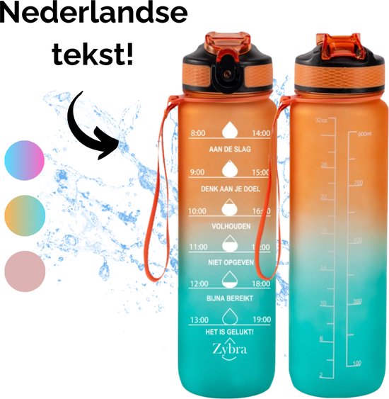 Zybra® Motivatie - Motiverende Waterfles - BPA-vrij - Waterfles Tijdmarkering - 1 Liter - Oranje/Blauw