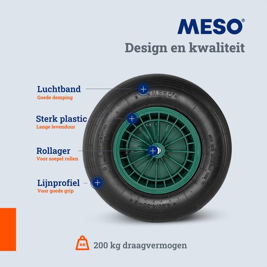 Kruiwagenwiel Luchtband 390mm diameter, Draagvermogen 200kg, INCLUSIEF 130mm AS van Benson — afbeelding 4