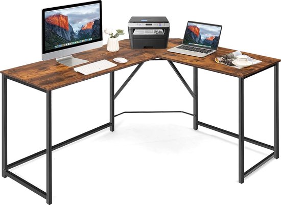 Bureau L-vormige computertafel met ronde hoek | Moderne hoektafel voor werk en gaming 148 x 120 x 75 cm (vintage bruin)