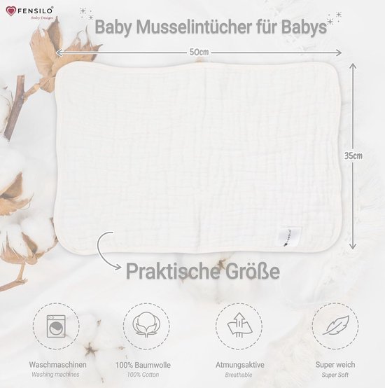 FENSILO - Hydrofiele Luiers - Hydrofiele Doeken - 100% Katoenen mousseline - 35 x 50 cm - 8 pack - Wit -Musseline doeken voor baby's, spuugdoeken voor baby's, 6 lagen, absorberende luiers, stoffen luiers