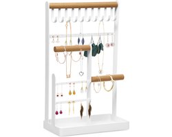 Hanamura Sieradenhouder - Sieradenrekje met Oorbellenrekje en Armband Houder - Metaal & Hout - Met Tray & Anti-slip Pootjes - Wit
