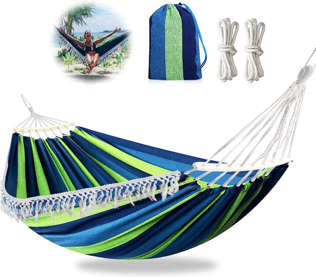 Campinghangmat, draagbaar, 280 x 150 cm, hangmat, outdoor, meerdere personen, dubbele hangmat, belastbaar tot 300 kg, ultralicht met karabijnhaak, touw, draagtas voor tuin en binnen
