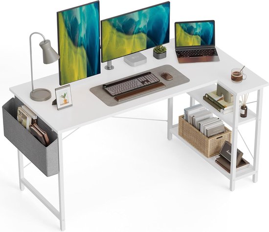 140 cm Klein L-vormige computerbureau met opbergplanken voor thuiskantoor - studeerkamer schrijftafel wit