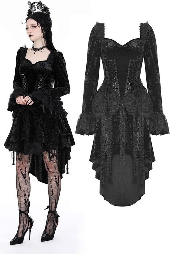 Dark in Love - Gothic retro tasseled dovetail velvet High low jurk - XL - Zwart