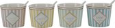 Miss Etoille Design set van 4 porselein ijsbakjes in pastelkleuren in vintage stijl incusief lepeltjes 7 cm