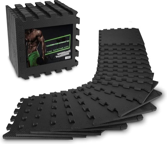 Extra Dikke Vloerbeschermingsmatten voor Fitness - Antislip, 18 Stuks, 31x31 cm - Ideaal voor Fitnessapparaten en Sportruimtes - Zwart
