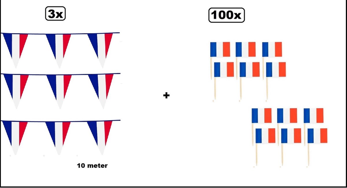 3x Vlaggenlijn Frankrijk (3 kleur) 10 meter + 100x cocktailprikker Frankrijk - Thema feest France EK voetbal Party verjaardag fun