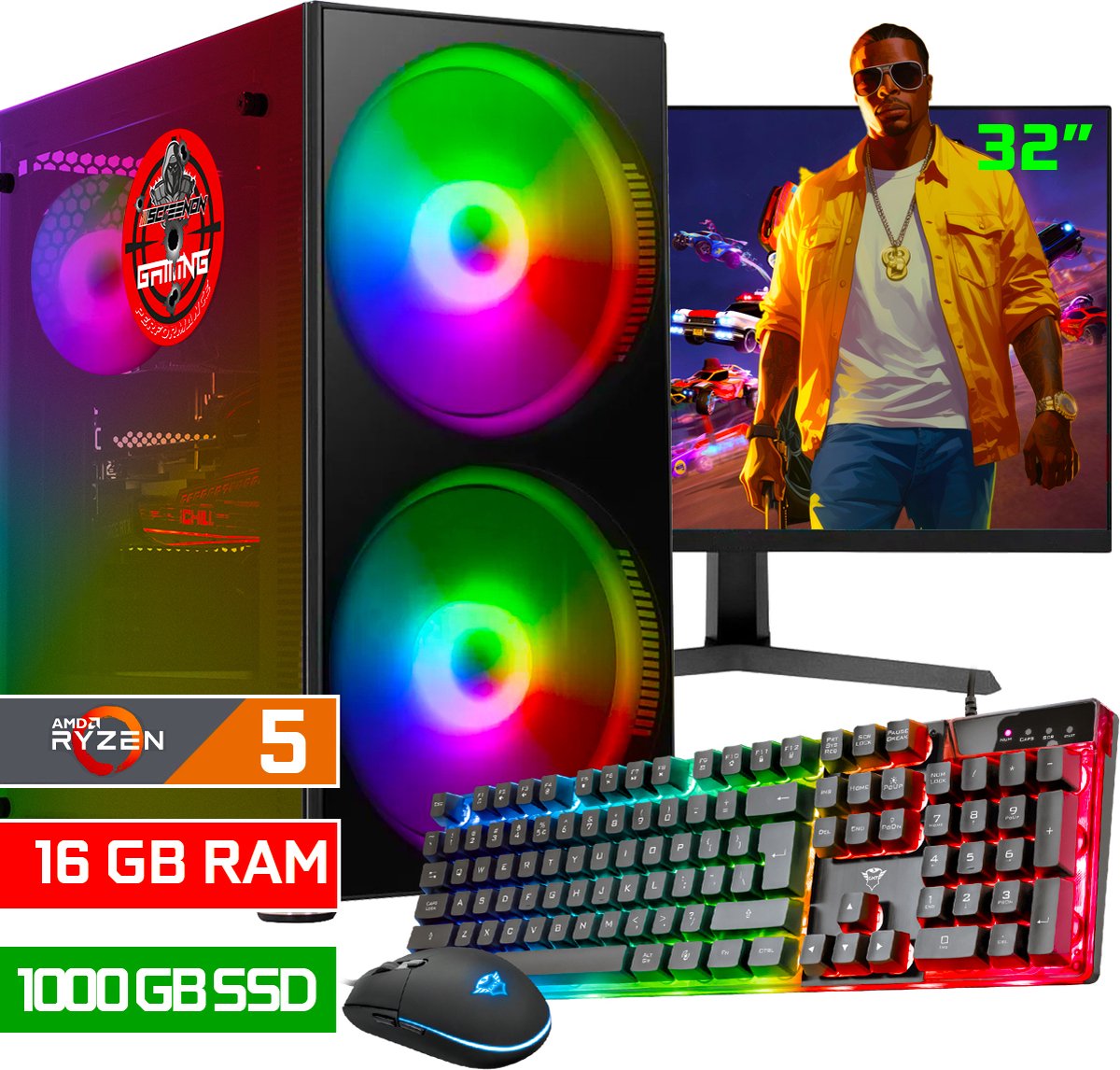 ScreenON - Game Computer / Gaming PC Set (32" Monitor + Muis & Toetsenbord) - Ryzen 5 8600G - 1000GB M.2 SSD - 16GB RAM - AMD Radeon 760M - Windows 11