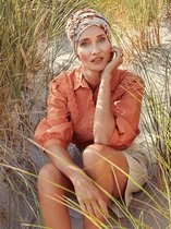 Christine Headwear - Lotus Turban - Printed Linen Beige Leafs - Bamboo & Linnen - Chemo Mutsje / Sjaaltje