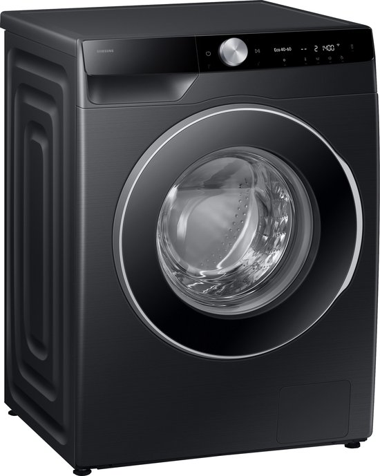 Zwarte Samsung wasmachine met glanzende ronde deur, zilverkleurige ring en digitaal display.
