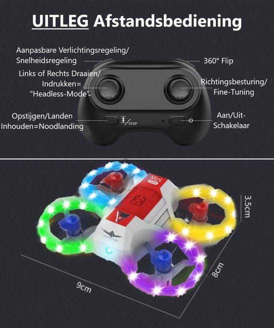 Huntex Mini-Drone Rood met Verlichting voor Kinderen - RC Voertuigen - Spraakbesturing Verlicht - 3D-flip - Kinder Drone - Kinderspeelgoed - Verjaardagscadeau - Inclusief 2 Accu's en Batterijen