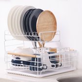Egouttoir à vaisselle Navaris à deux niveaux - Range-couverts et égouttoir amovibles - Avec poignée en bois - Égouttoir à vaisselle en métal - Gain de place - Égouttoir à vaisselle - Wit