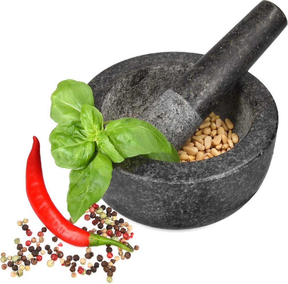 Vijzel met Stamper - Graniet - Voor Kruidenmixen, Pesto en Dips - Inclusief Stamper - Ø 16 cm - Een duurzame en veelzijdige vijzelset voor het malen en mengen van kruiden en andere ingrediënten.