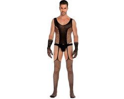 LekkerStout Heren Jarretelbody - Handschoenen - Zwart - Sexy Herenlingerie | M-XL | ( LS159 )