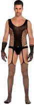 LekkerStout® Sexy Heren Bodystocking | Doorzichtige Holle Visnet Jumpsuit | Open Kruis | Zwart | M+/XL