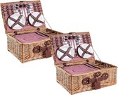2 Rieten Picknickmanden voor 4 personen met Isothermisch Compartiment en Inclusief Accessoires - Rood en Wit Geruit Patroon 46 x 36 x 20 cm